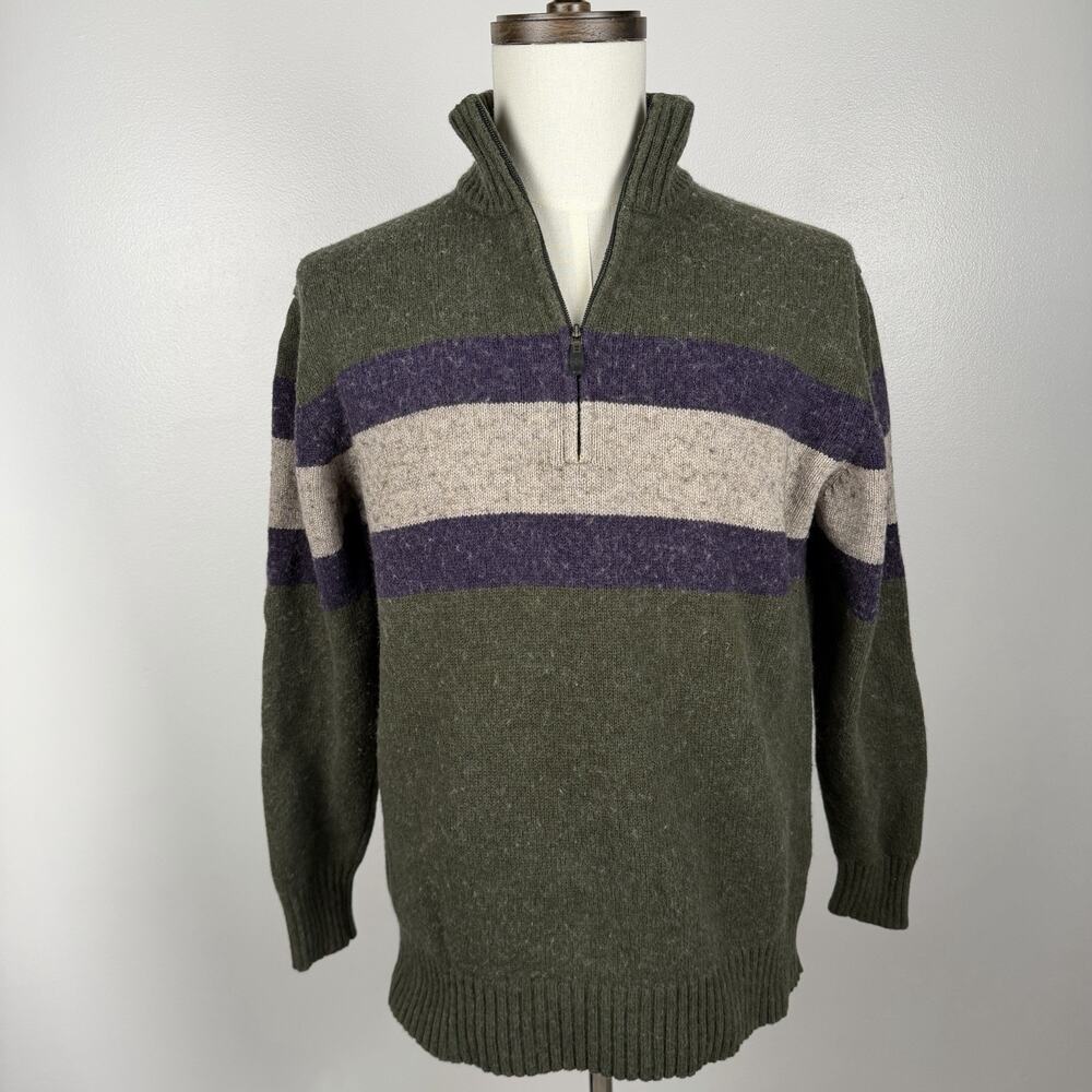 Columbia Men’s Large Wool Blend Quarter Zip Sweater Green Purple Striped